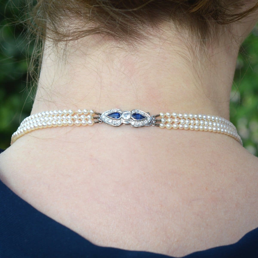 1940s Cultured Pearl Triple Strand Necklace with Sapphire and Diamond Clasp | Parkin and Gerrish | Antique & Vintage Jewellery