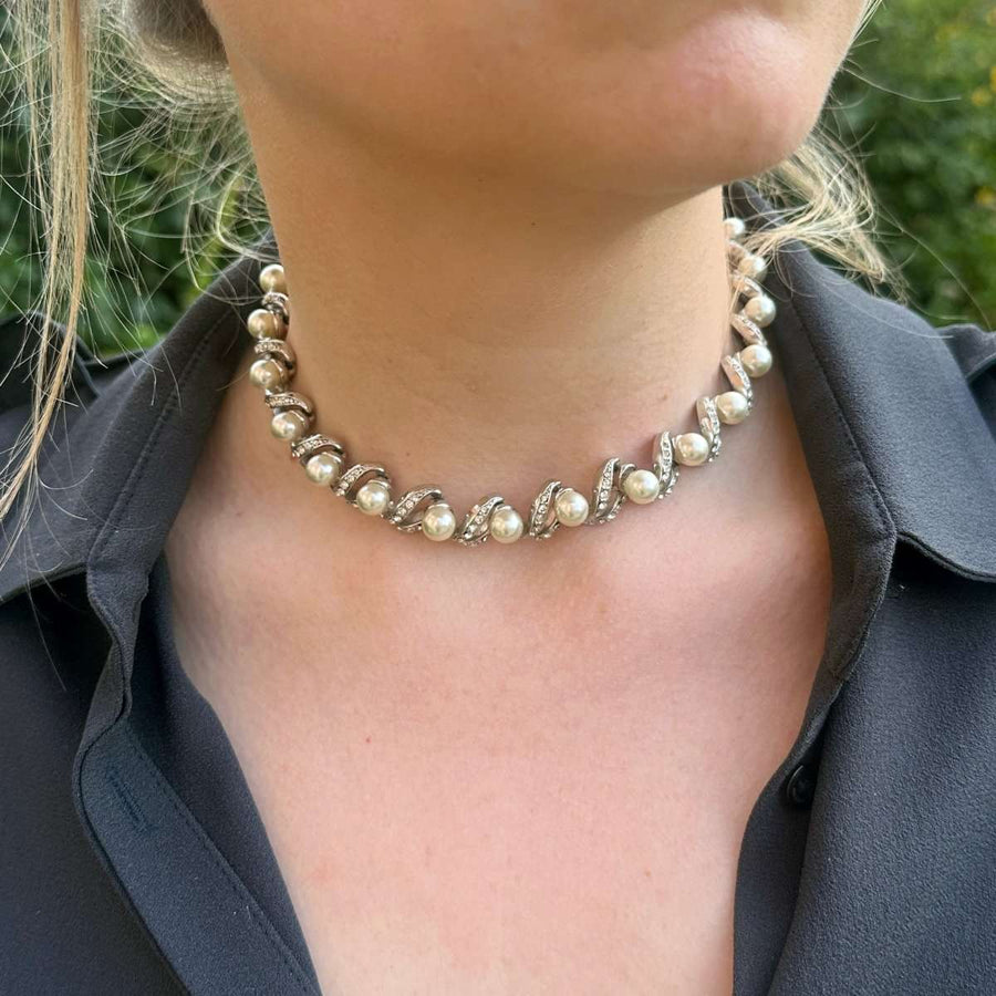 1950s Silvertone Faux Pearl & White Paste Necklace | Parkin and Gerrish | Antique & Vintage Jewellery