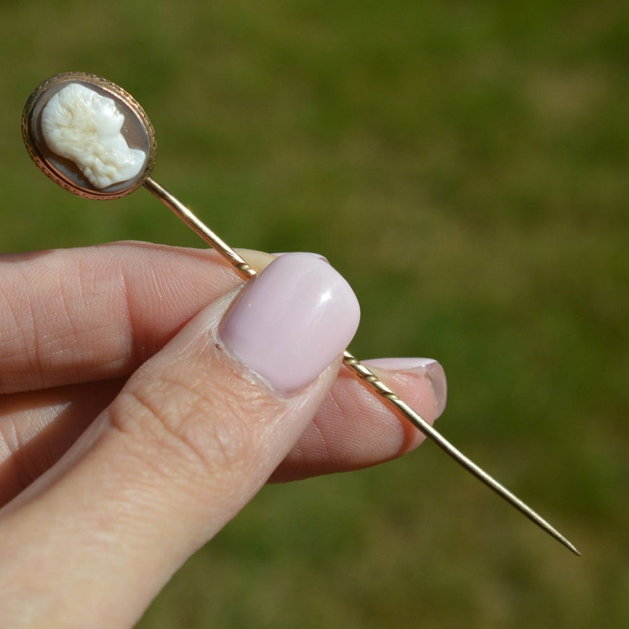 19th Century 9ct Gold Helmet Shell Cameo Tie Pin of a Roman Goddess | Parkin and Gerrish (UK)