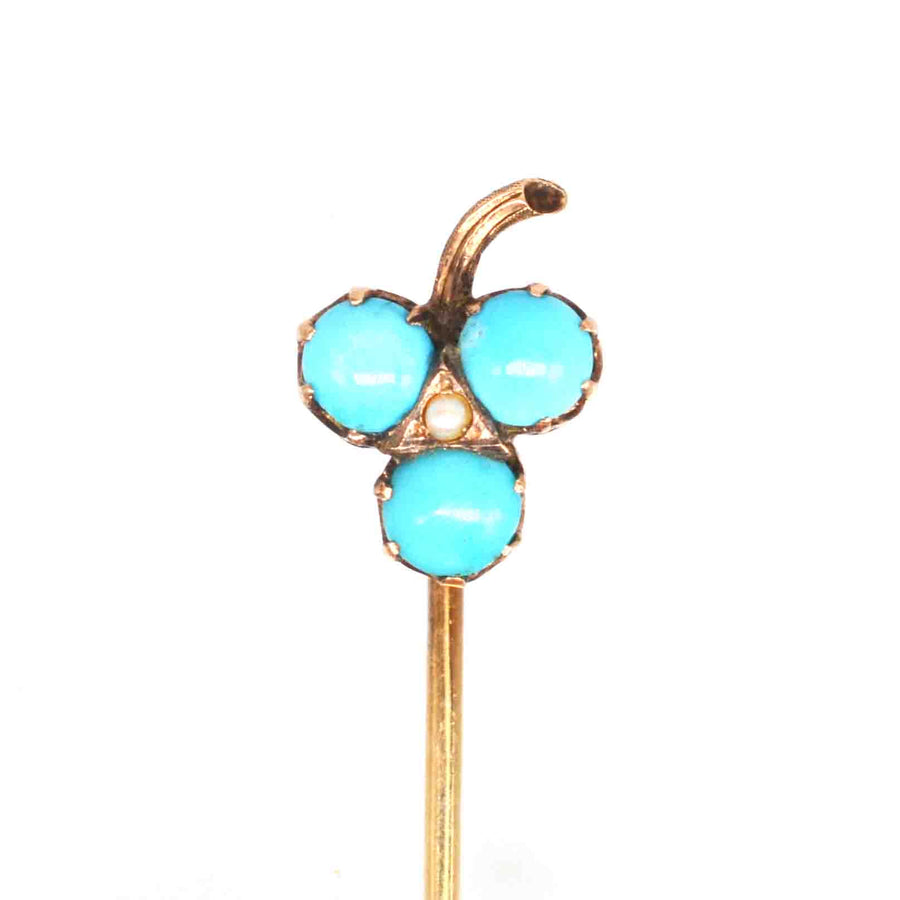 Edwardian 9ct Gold Shamrock Tie Pin set with Turquoise & a Pearl