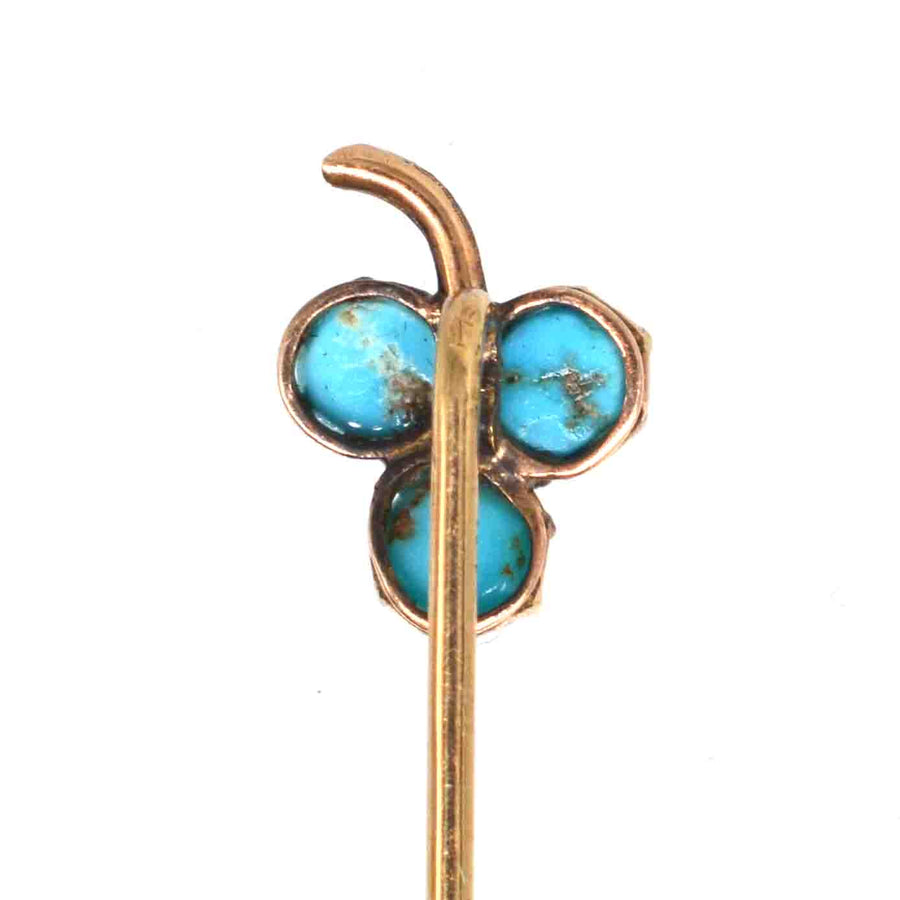 Edwardian 9ct Gold Shamrock Tie Pin set with Turquoise & a Pearl