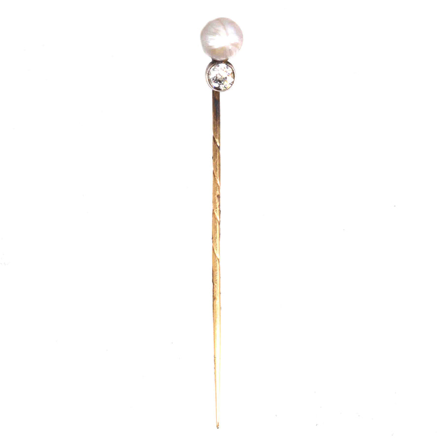 Edwardian 15ct Gold Natural Pearl and Diamond Pin