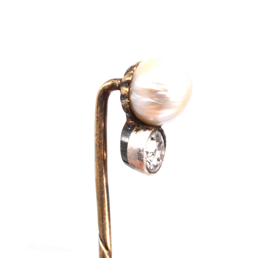 Edwardian 15ct Gold Natural Pearl and Diamond Pin