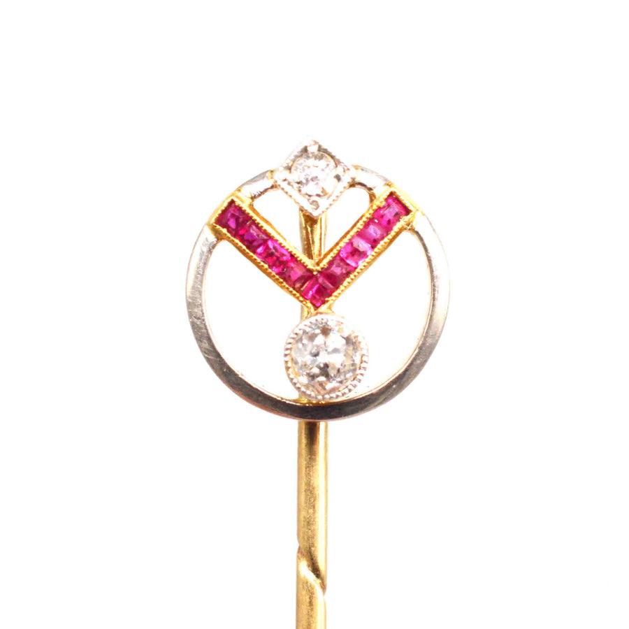 Art Deco 14ct Gold Ruby and Diamond Geometric Pin