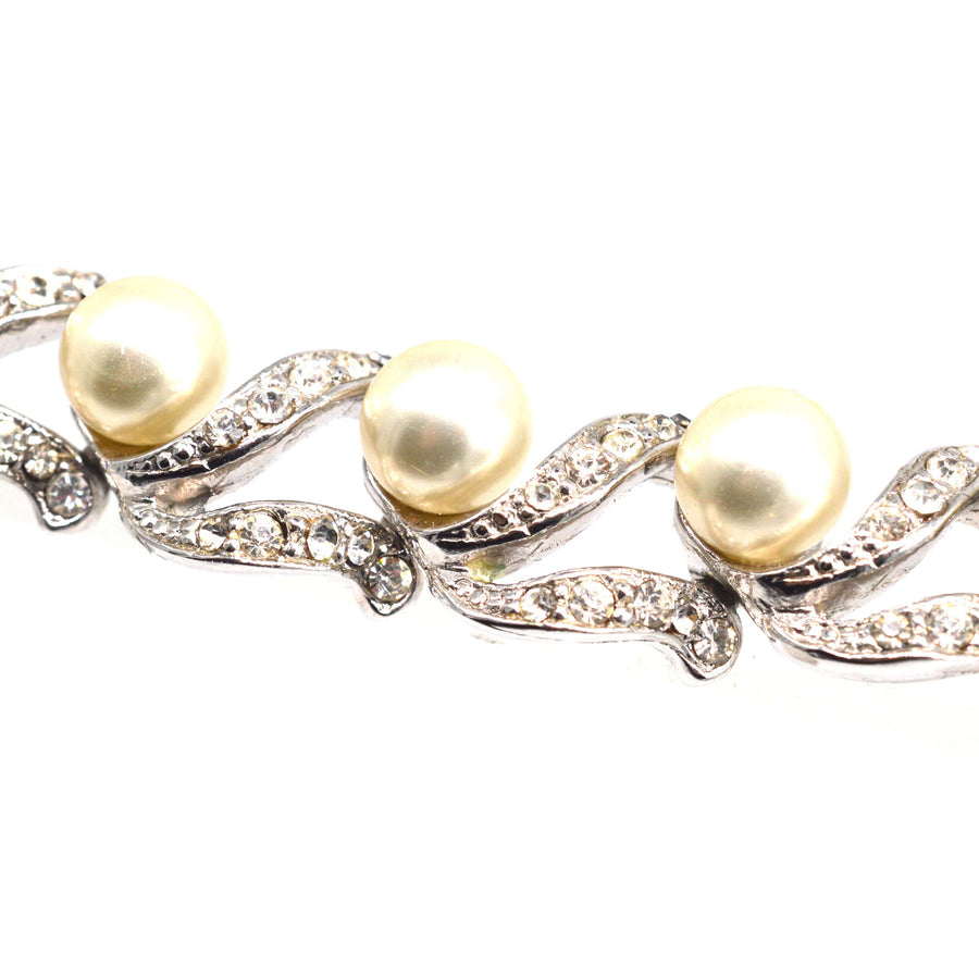 1950s Silvertone Faux Pearl & White Paste Necklace