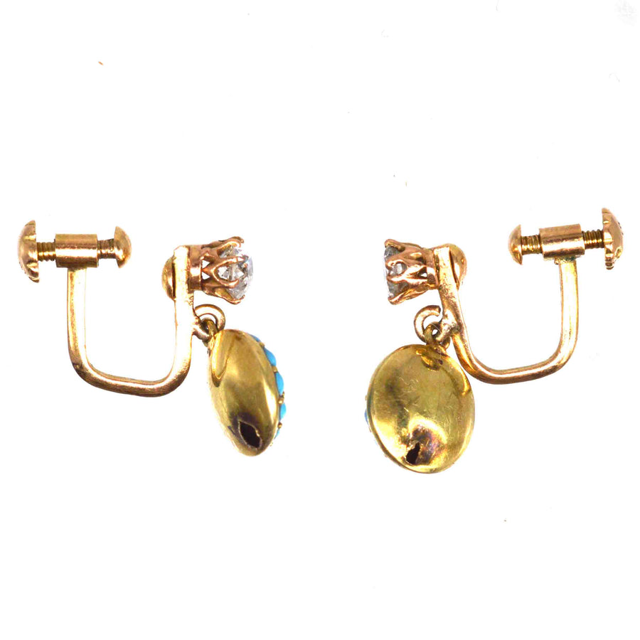 Early 20th Century 18ct Gold Diamond and Pavé Turquoise Screw-On Earrings