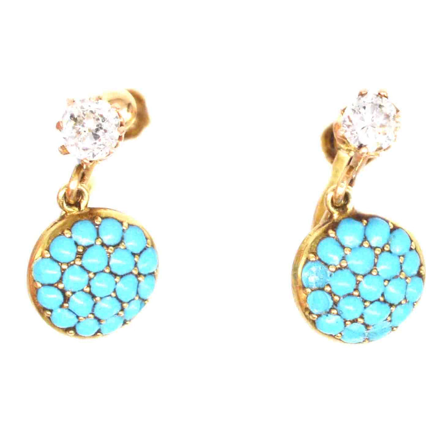 Early 20th Century 18ct Gold Diamond and Pavé Turquoise Screw-On Earrings