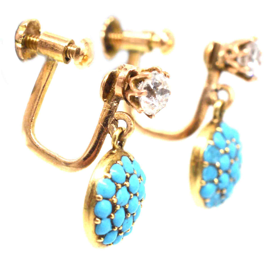 Early 20th Century 18ct Gold Diamond and Pavé Turquoise Screw-On Earrings