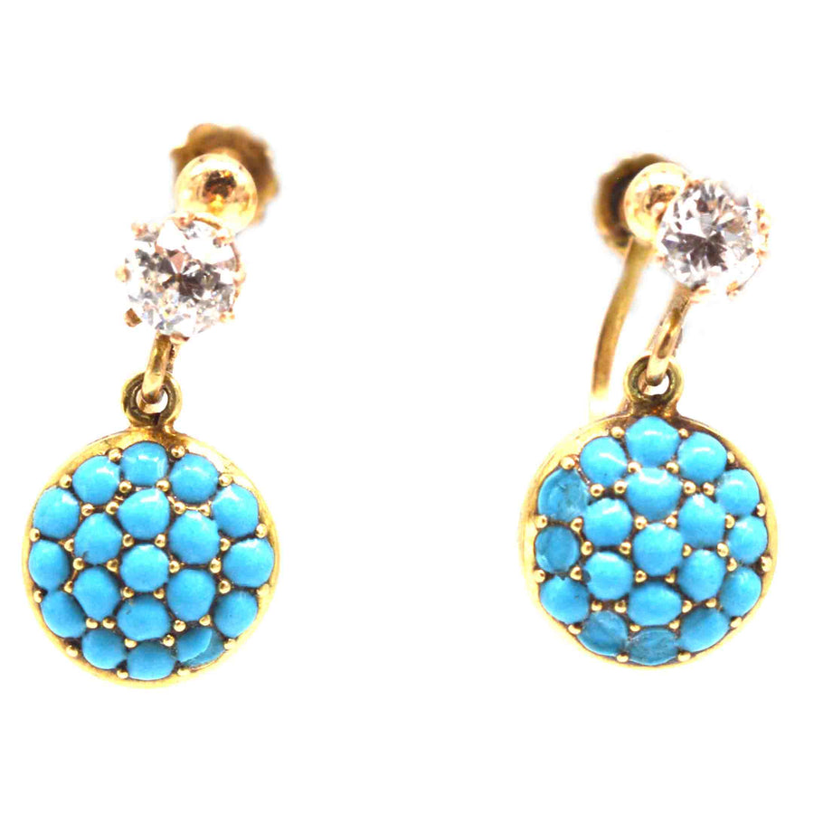 Early 20th Century 18ct Gold Diamond and Pavé Turquoise Screw-On Earrings
