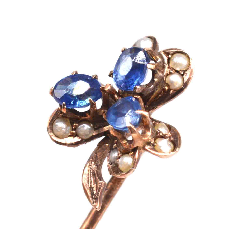 Early 20th Century 8ct Gold Sapphire and Seed Pearl Tie Pin