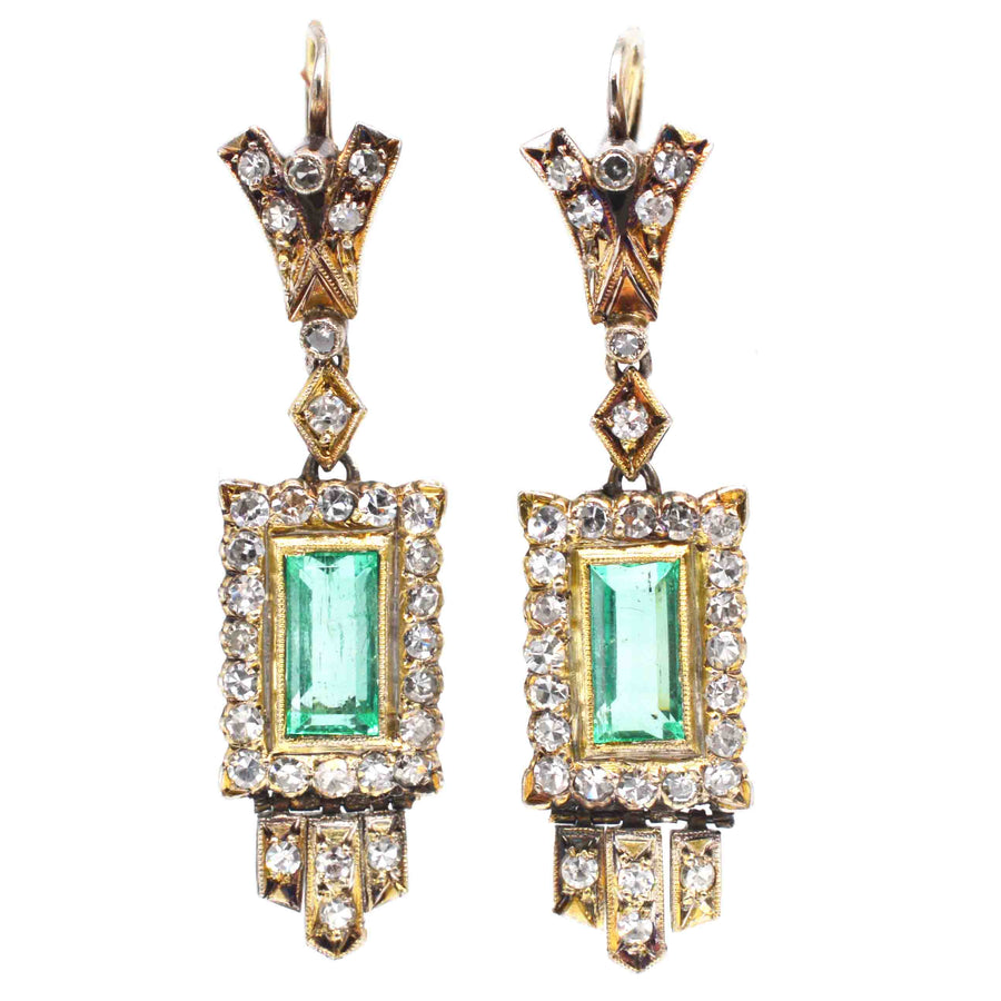 Art Deco 18ct Gold Emerald and Diamond Drop Earrings