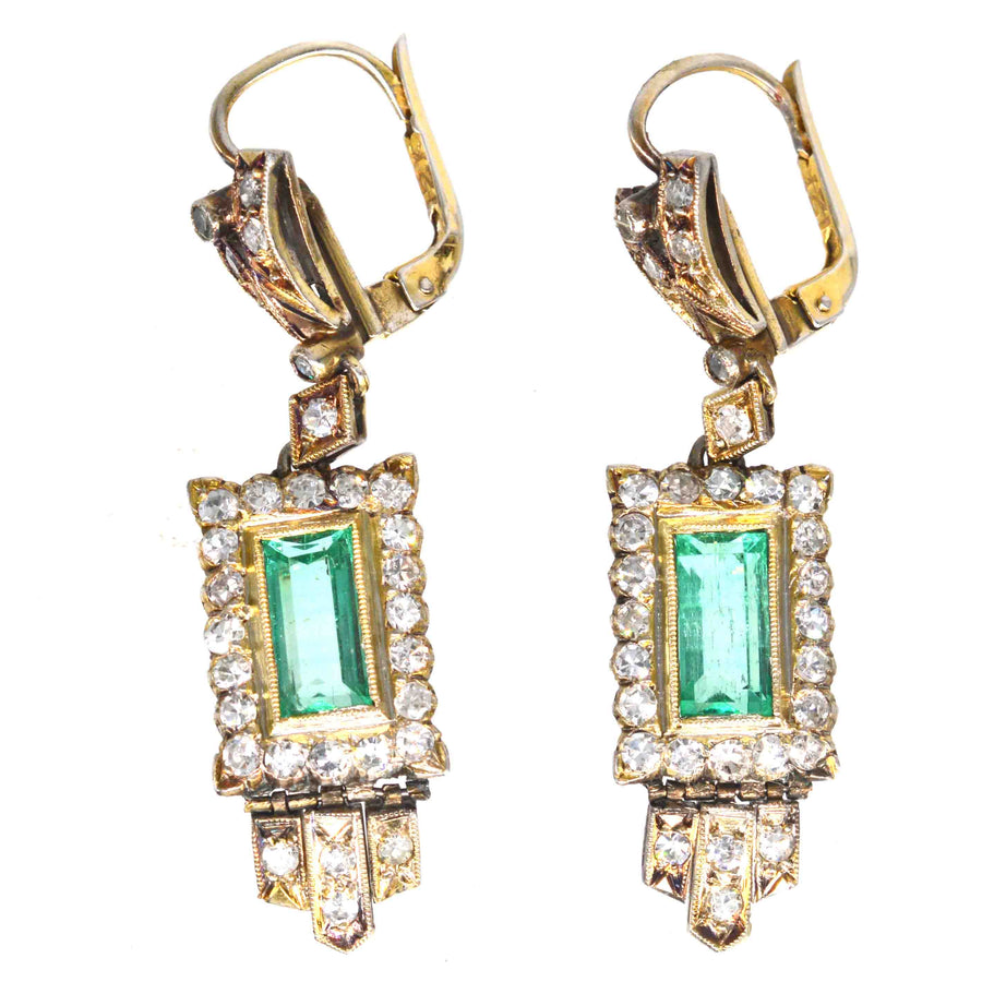Art Deco 18ct Gold Emerald and Diamond Drop Earrings