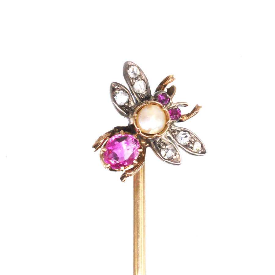 Victorian Silver & 18ct Gold Pink Sapphire, Pearl & Diamond Insect Tie Pin