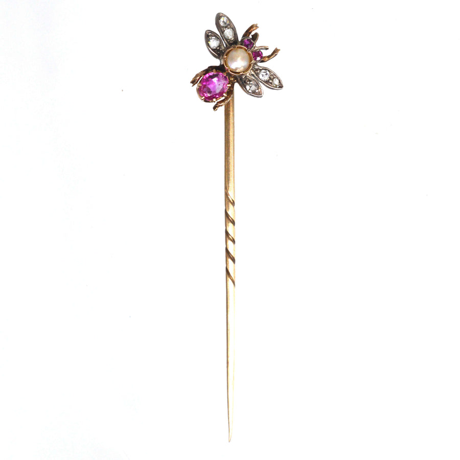 Victorian Silver & 18ct Gold Pink Sapphire, Pearl & Diamond Insect Tie Pin