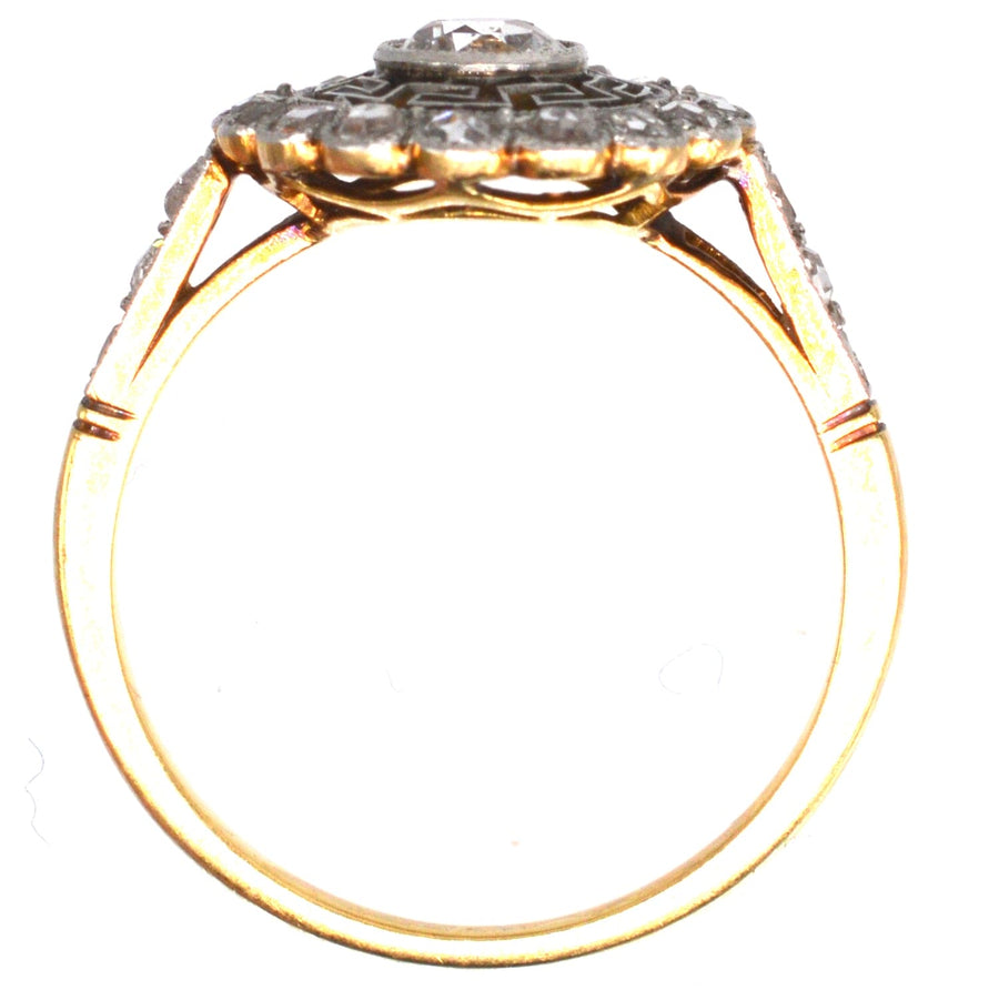 Art Deco 18ct Gold and Platinum Target Diamond Ring with Greek Key Details