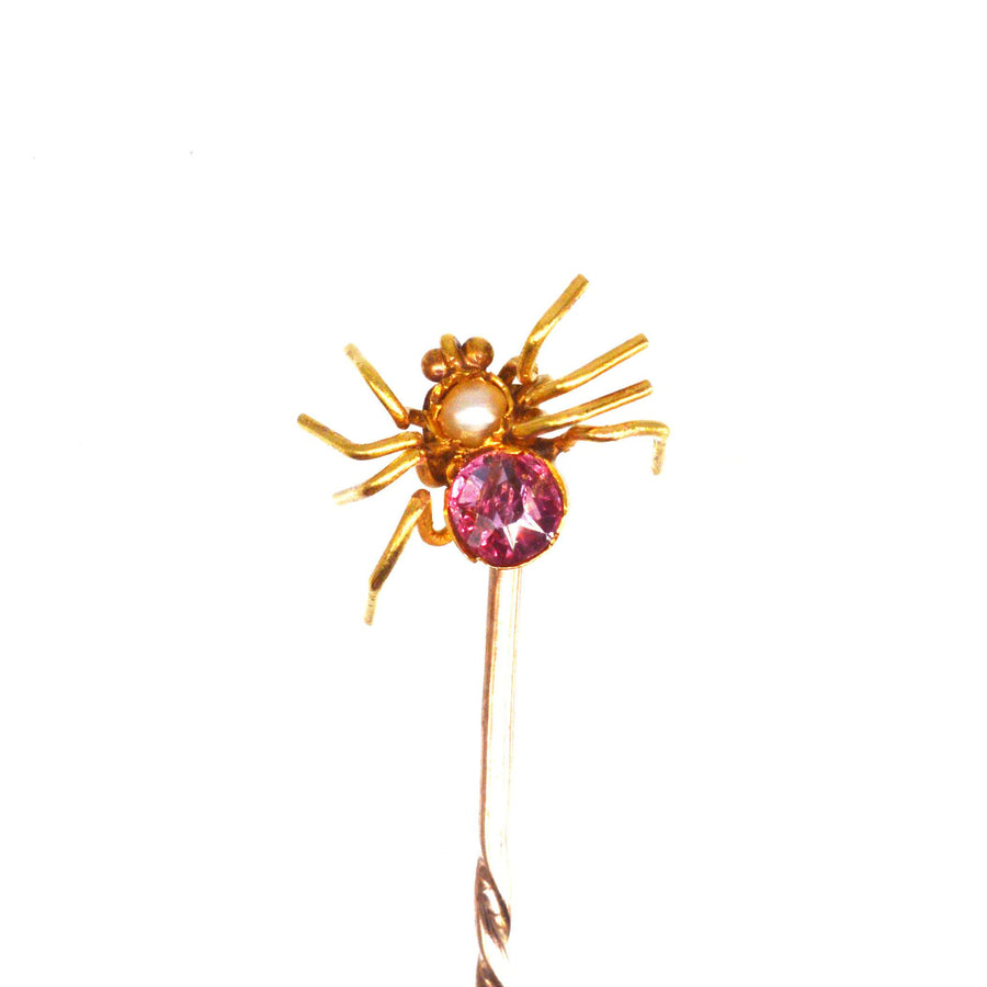 Edwardian 15ct Gold Pink Tourmaline and Pearl Spider Tie Pin