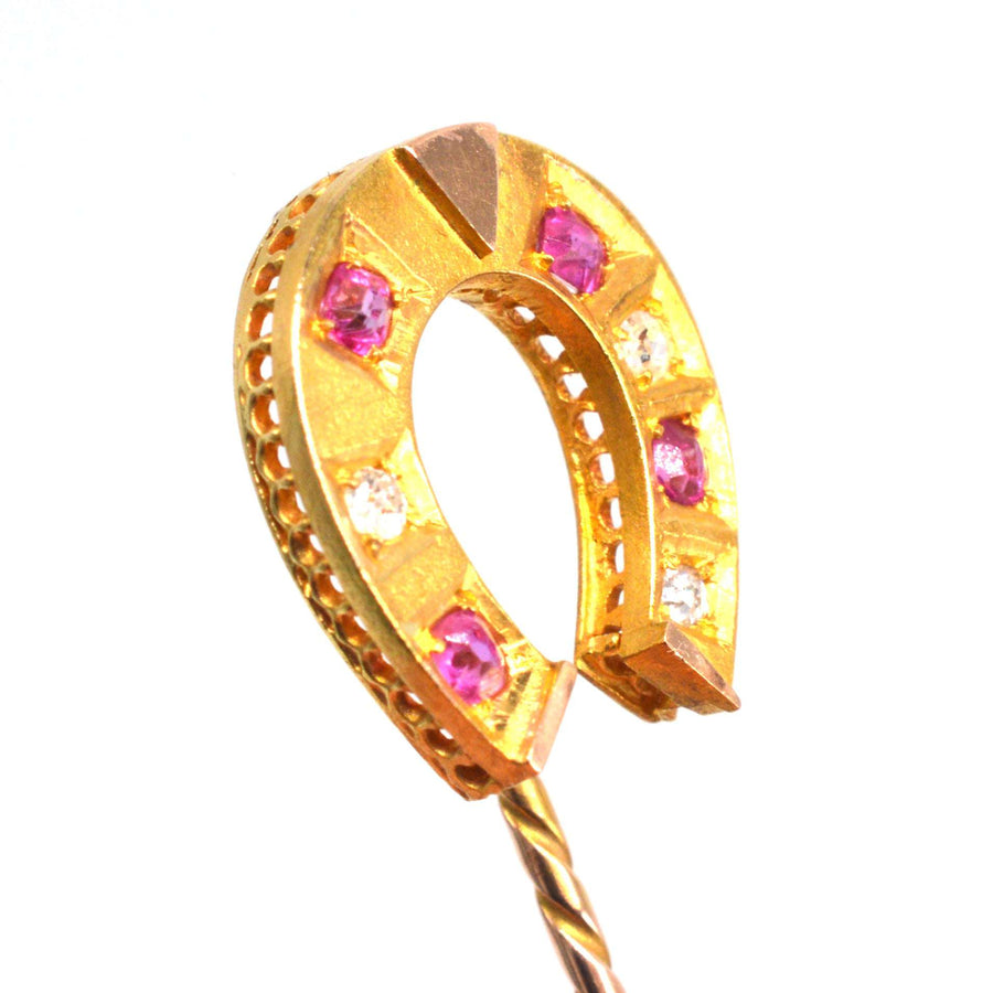 Victorian 18ct Gold Ruby and Diamond Horseshoe Tie Pin