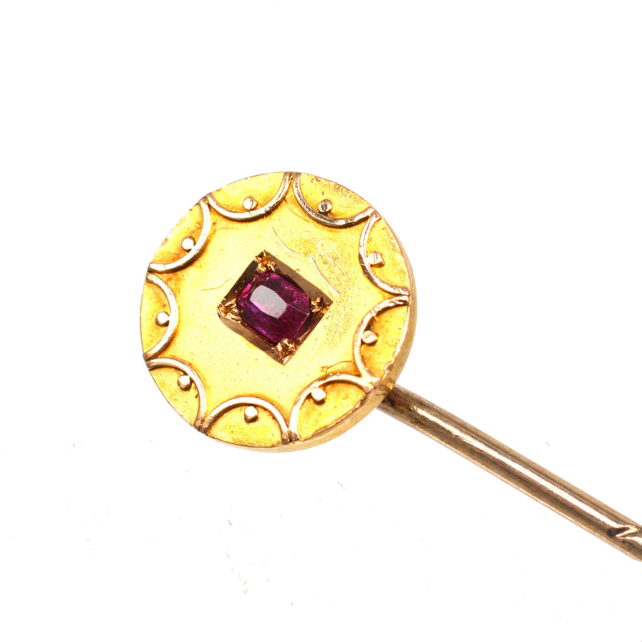 Victorian 15ct Gold Circle Tie Pin with a Ruby