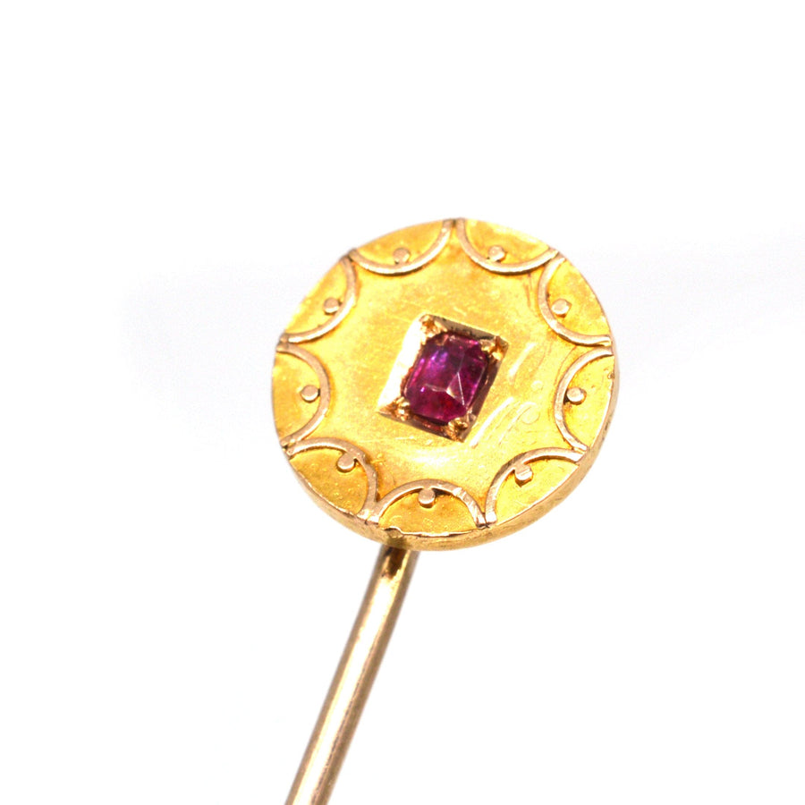 Victorian 15ct Gold Circle Tie Pin with a Ruby