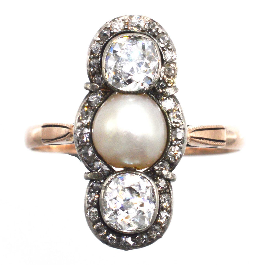 Edwardian Silver and 15ct Gold Old Mine Cut Diamond and Natural Pearl Three Stone Ring