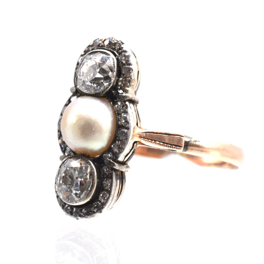 Edwardian Silver and 15ct Gold Old Mine Cut Diamond and Natural Pearl Three Stone Ring