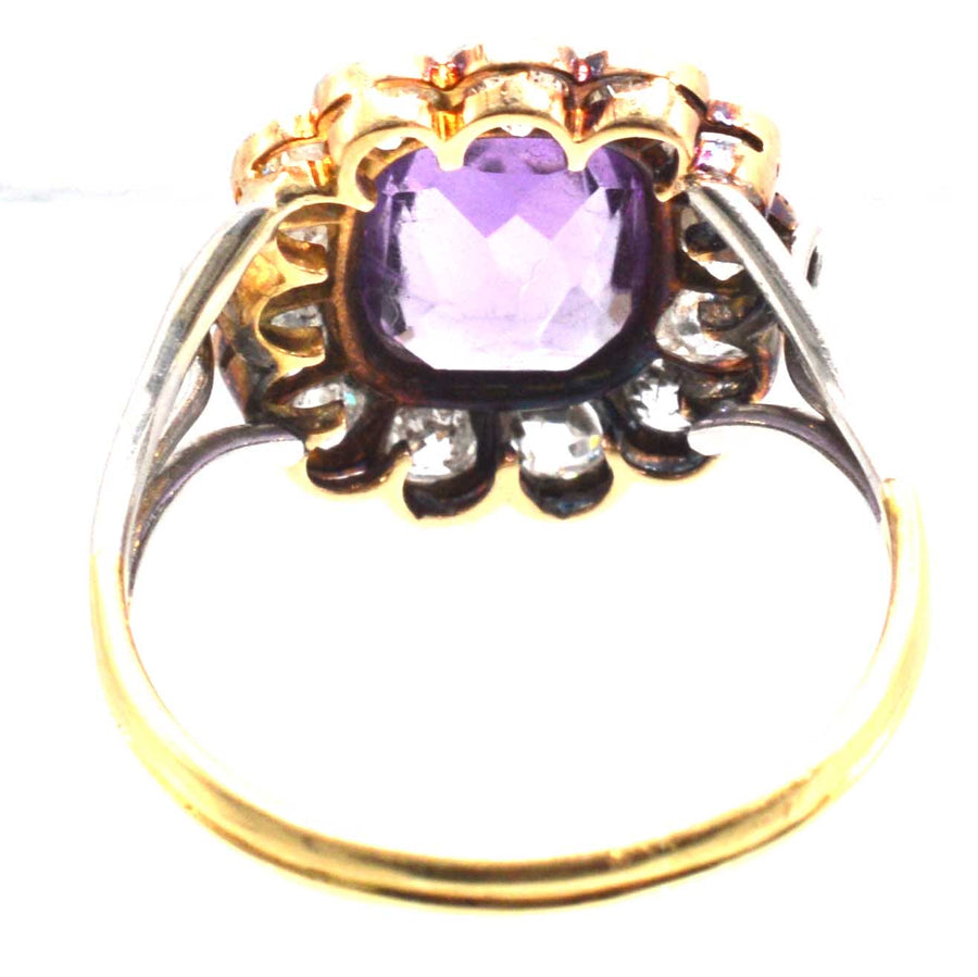 Edwardian Platinum and 18ct Gold Amethyst and Diamond Cluster Ring