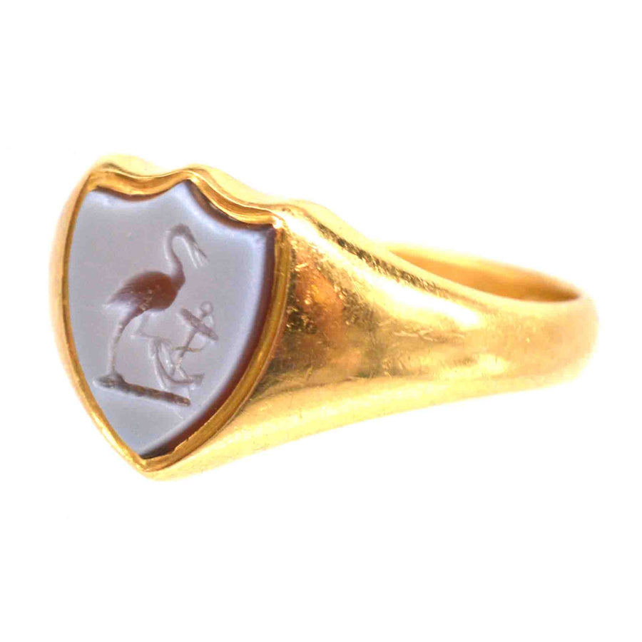 Victorian 18ct gold signet ring with stork and anchor carnelian intaglio engraving by Deakin & Francis.
