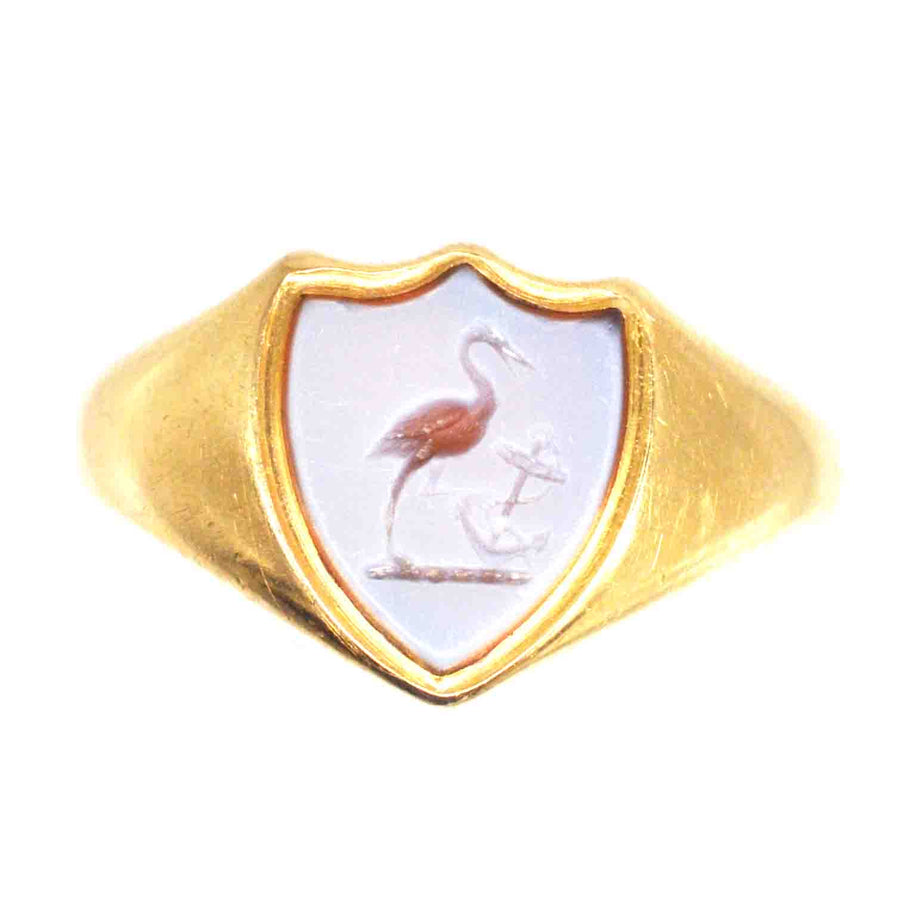 Victorian 18ct gold signet ring featuring stork and anchor intaglio on carnelian, crafted by Deakin & Francis Ltd.