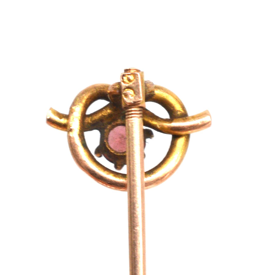 Edwardian 9ct Gold Lover's Knot and Garnet Tie Pin