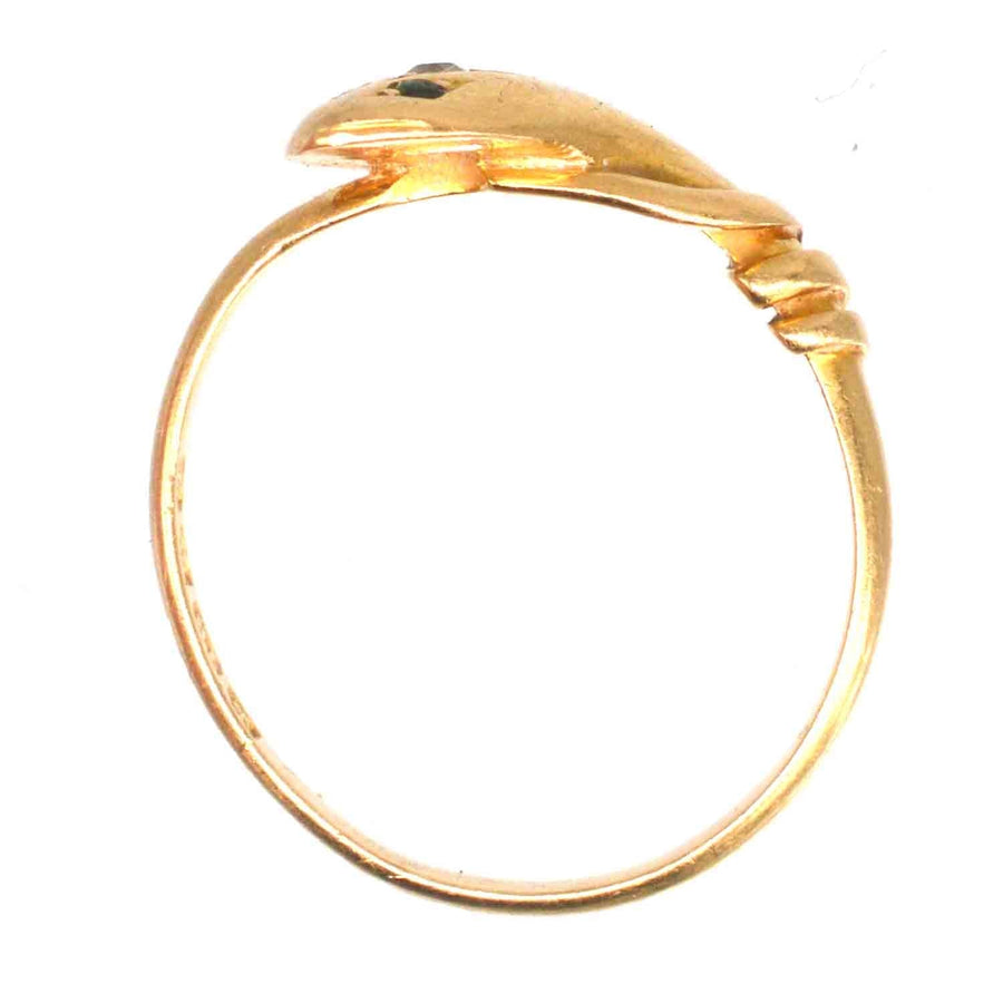 Edwardian 18ct Gold Single Snake Ring with a Diamond and Green Garnet Eyes