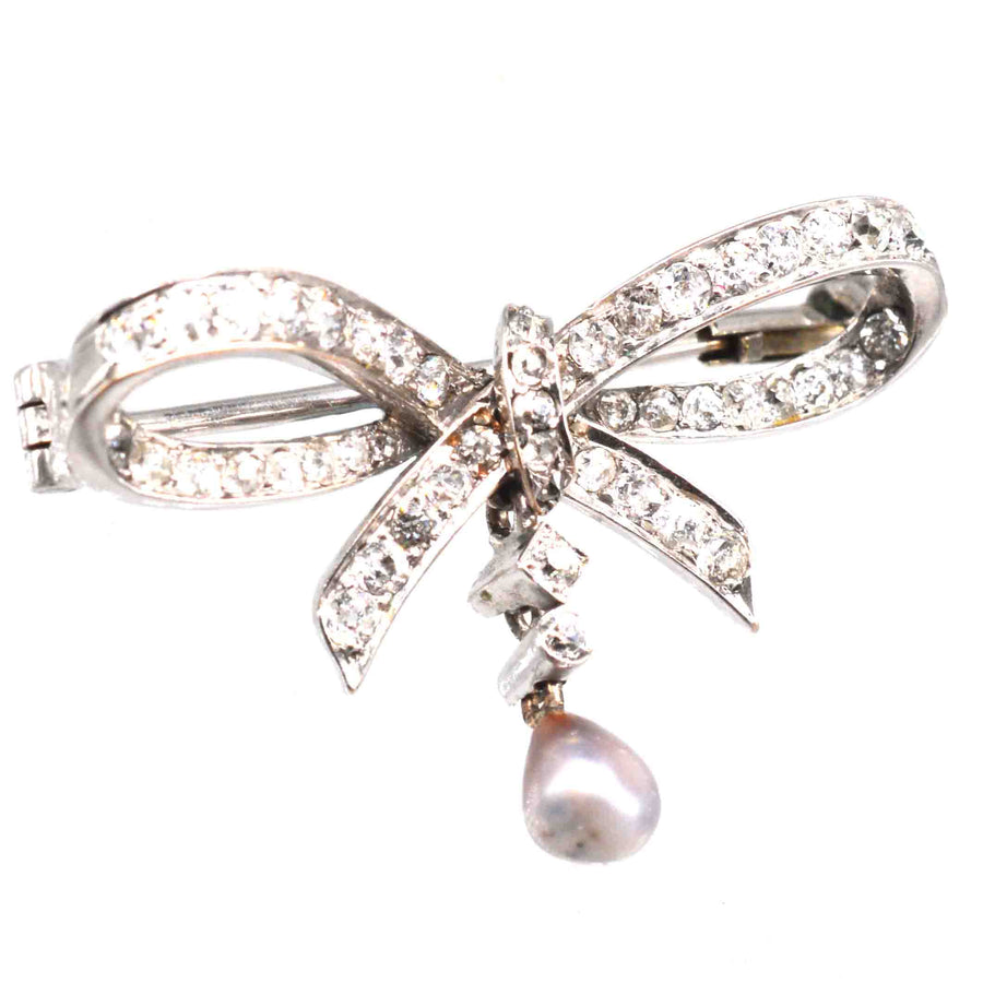 Early 20th Century 14ct White Gold Diamond and Grey Pearl Bow Brooch