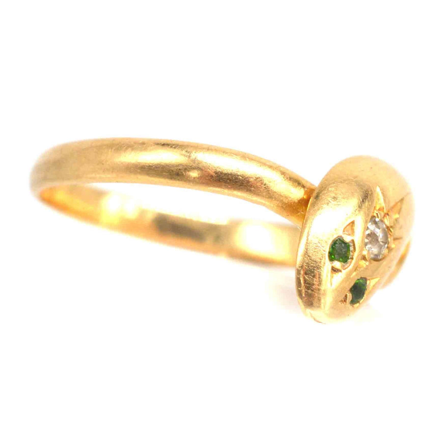 Edwardian 18ct Gold Single Snake Ring with a Diamond and Green Garnet Eyes