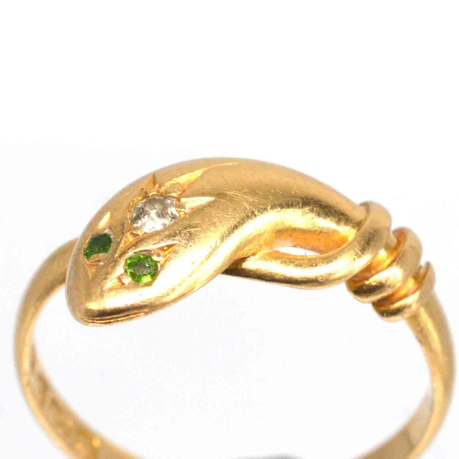 Edwardian 18ct Gold Single Snake Ring with a Diamond and Green Garnet Eyes
