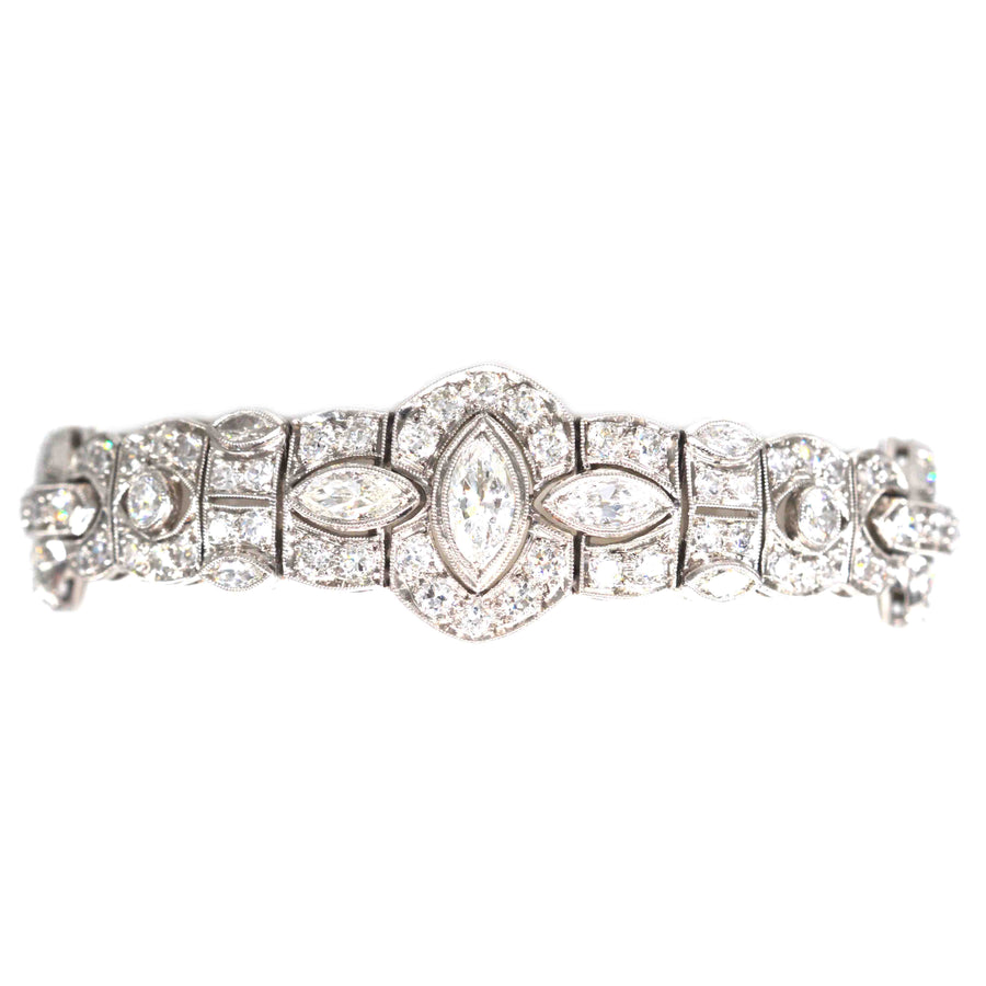 Art Deco iridium platinum bracelet featuring 4 carats of diamonds in a geometric design, dating to the 1930s.