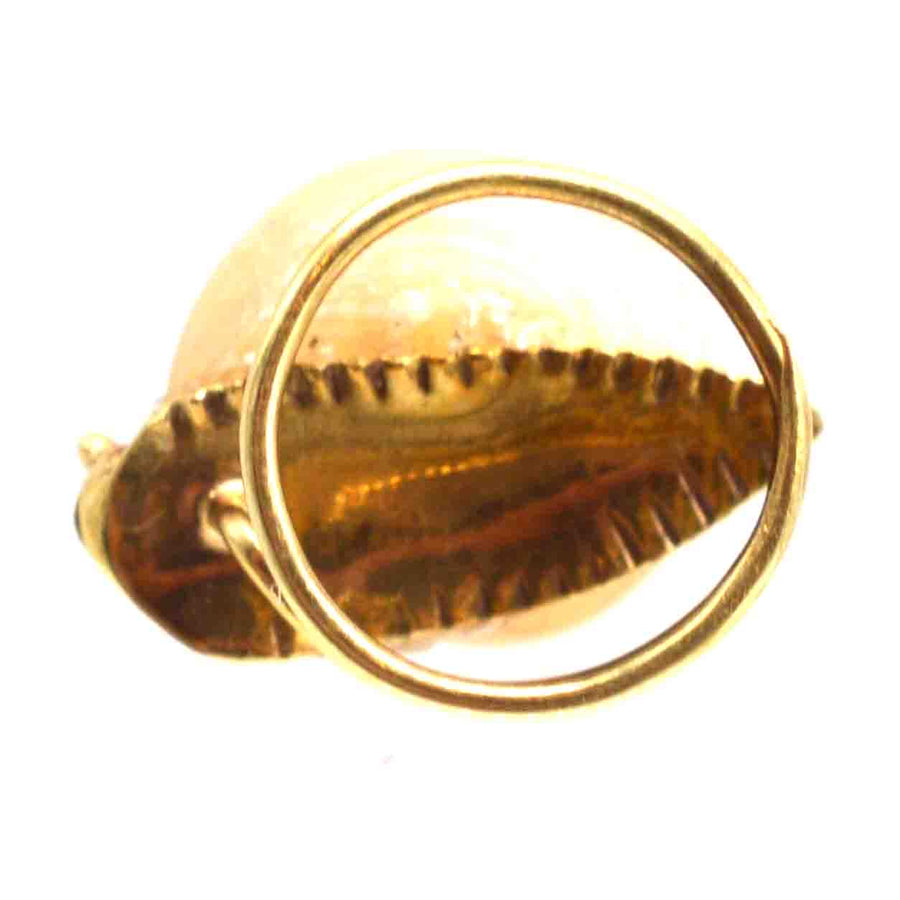 Tiny Victorian 18ct gold snail brooch pin featuring a real sea shell and black enamel eyes.