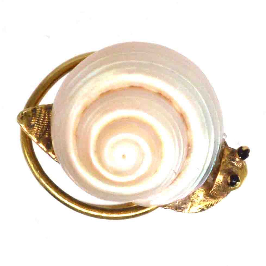 Tiny Victorian 18ct gold snail brooch pin featuring a real sea shell and black enamel eyes.