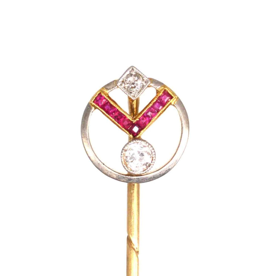 Art Deco 14ct Gold Ruby and Diamond Geometric Pin | Parkin and Gerrish | Antique & Vintage Jewellery