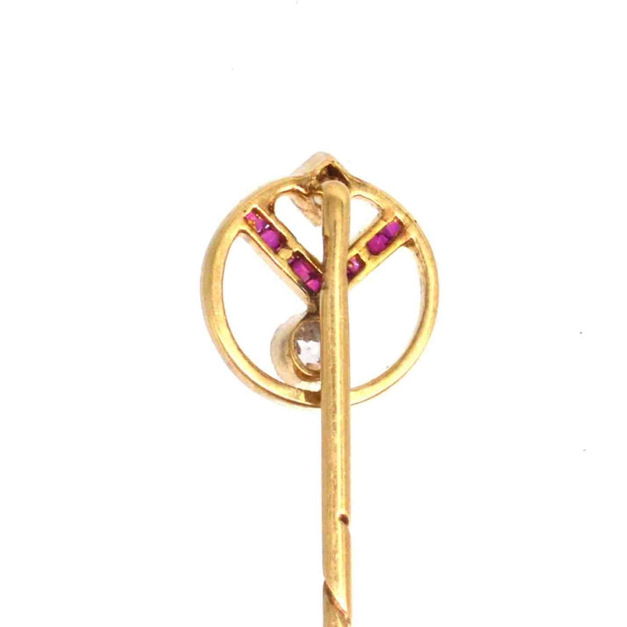 Art Deco 14ct Gold Ruby and Diamond Geometric Pin | Parkin and Gerrish | Antique & Vintage Jewellery