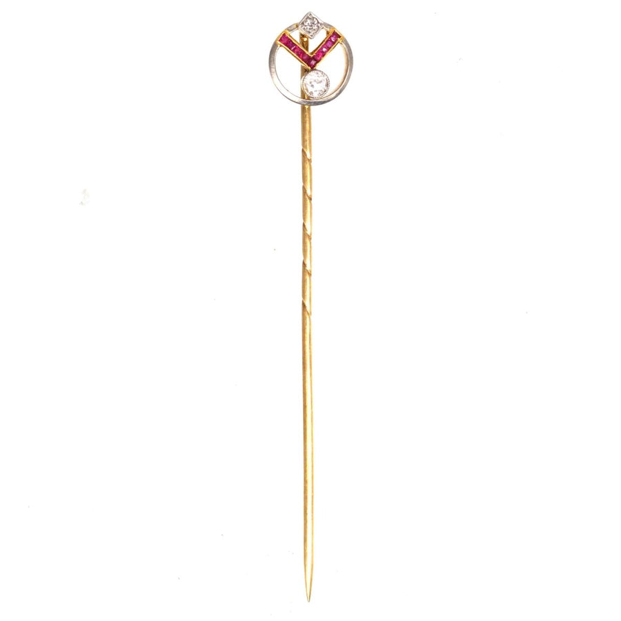 Art Deco 14ct Gold Ruby and Diamond Geometric Pin | Parkin and Gerrish | Antique & Vintage Jewellery