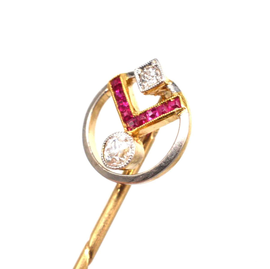 Art Deco 14ct Gold Ruby and Diamond Geometric Pin | Parkin and Gerrish | Antique & Vintage Jewellery