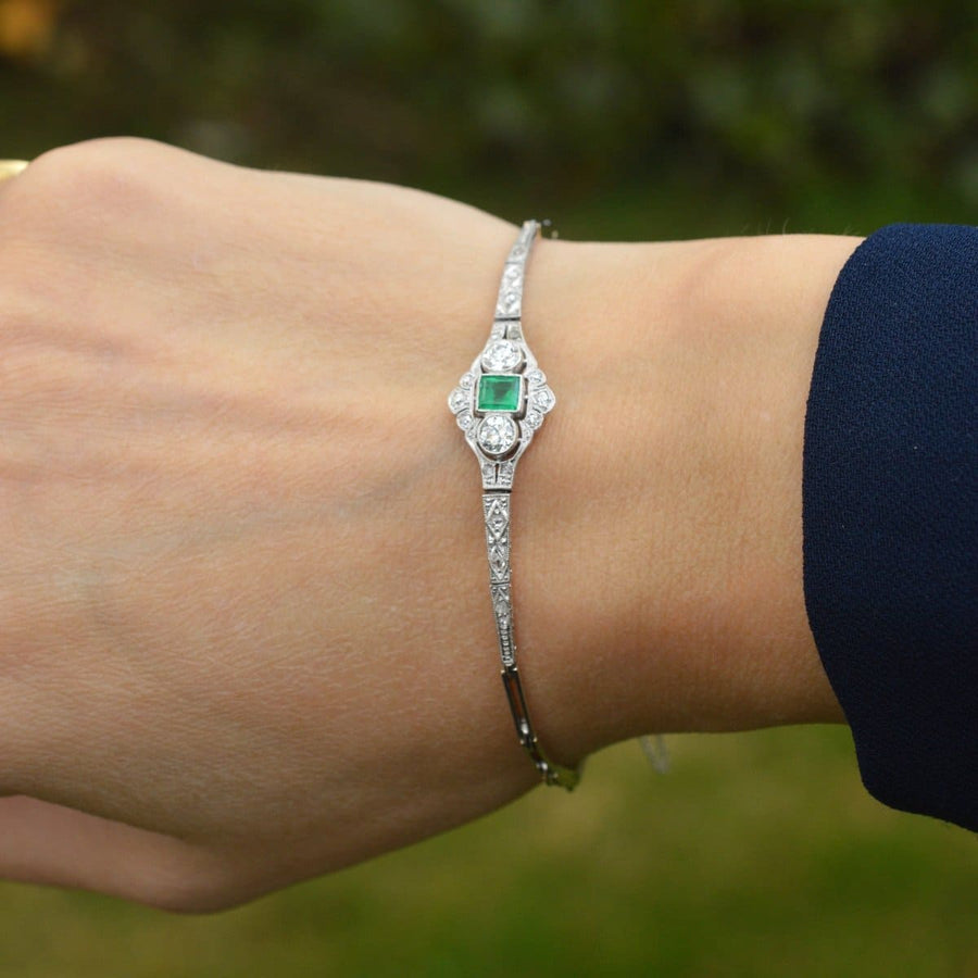 Art Deco 14ct White Gold Emerald and Diamond Three Stone Bracelet | Parkin and Gerrish | Antique & Vintage Jewellery