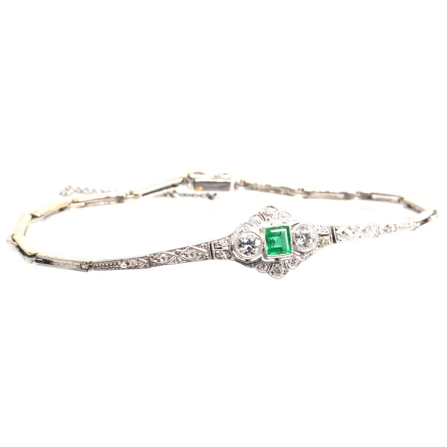 Art Deco 14ct White Gold Emerald and Diamond Three Stone Bracelet | Parkin and Gerrish | Antique & Vintage Jewellery