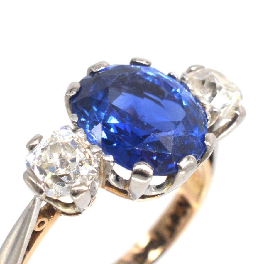 Art Deco 18ct Gold and Platinum Certificated Natural Ceylon Sapphire and Diamond Three Stone Ring | Parkin and Gerrish | Antique & Vintage Jewellery