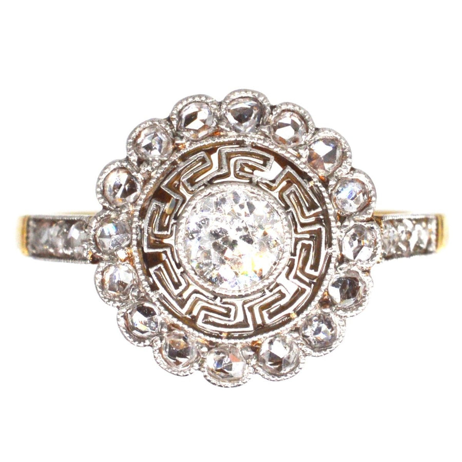 Art Deco 18ct Gold and Platinum Target Diamond Ring with Greek Key Details | Parkin and Gerrish | Antique & Vintage Jewellery