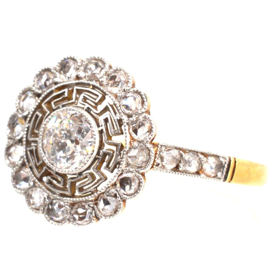 Art Deco 18ct Gold and Platinum Target Diamond Ring with Greek Key Details | Parkin and Gerrish | Antique & Vintage Jewellery