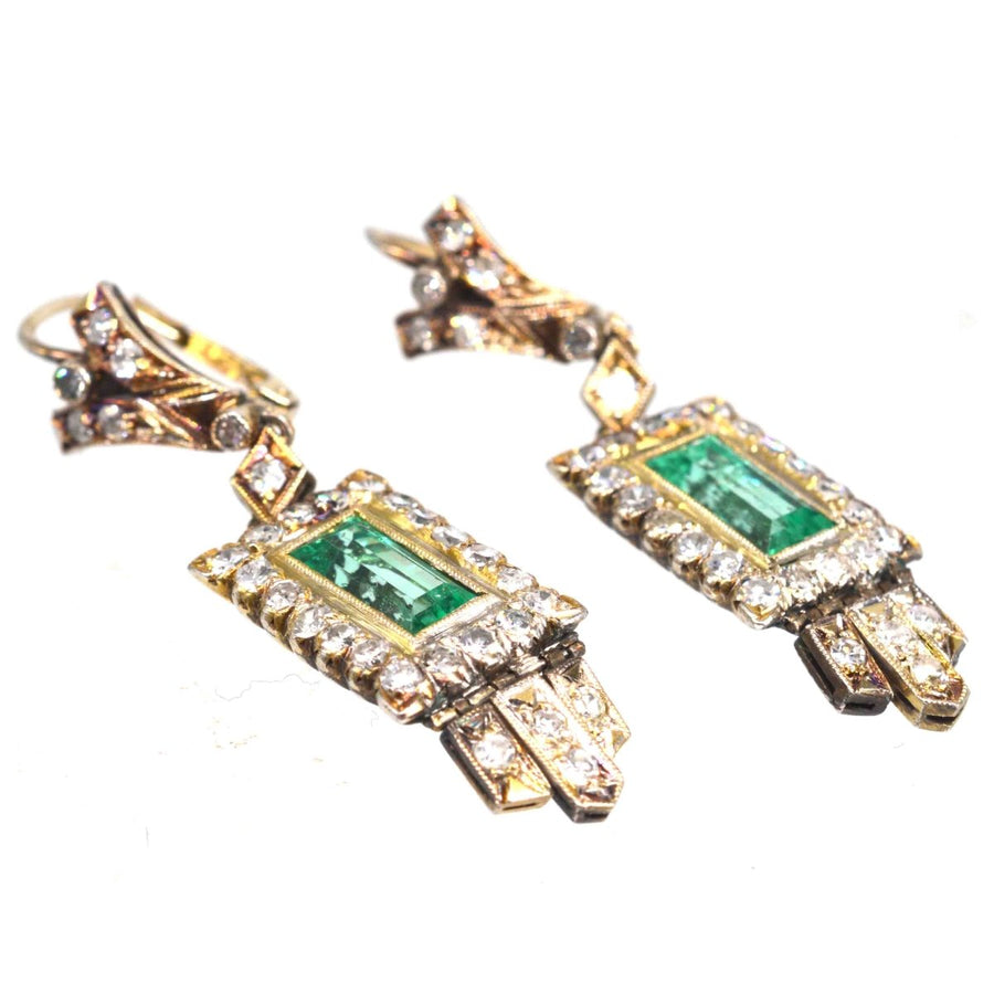 Art Deco 18ct Gold Emerald and Diamond Drop Earrings | Parkin and Gerrish | Antique & Vintage Jewellery