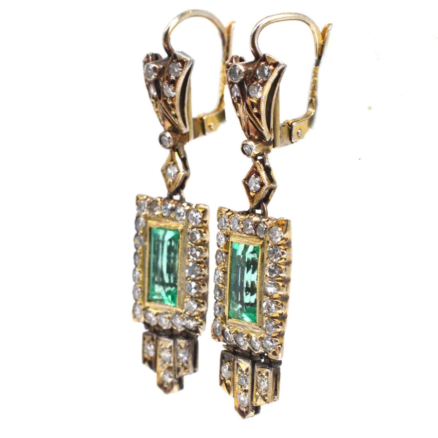 Art Deco 18ct Gold Emerald and Diamond Drop Earrings | Parkin and Gerrish | Antique & Vintage Jewellery
