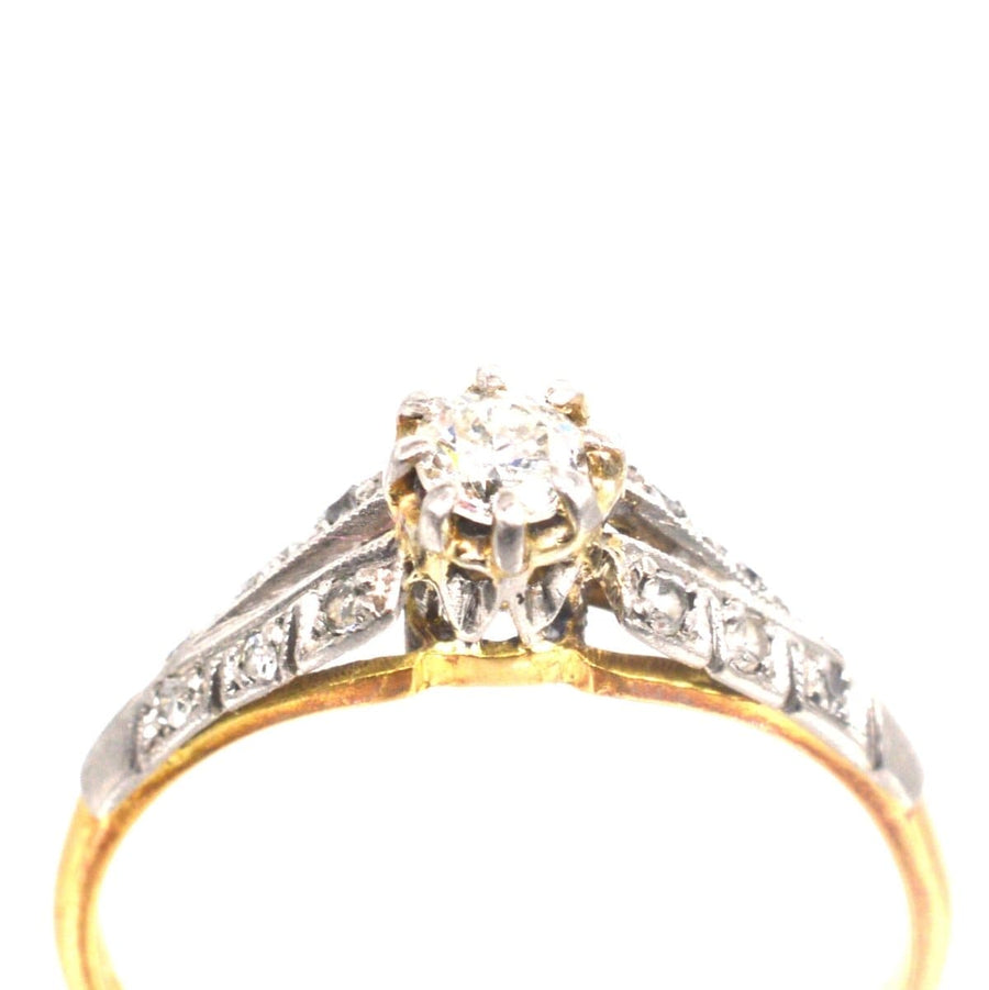 Art Deco 18ct Gold & Platinum Diamond Solitaire Ring with Diamond Shoulders | Parkin and Gerrish | Antique & Vintage Jewellery