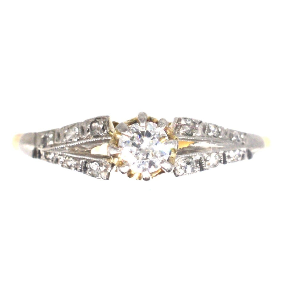 Art Deco 18ct Gold & Platinum Diamond Solitaire Ring with Diamond Shoulders | Parkin and Gerrish | Antique & Vintage Jewellery