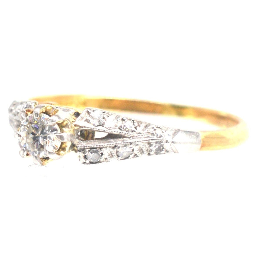 Art Deco 18ct Gold & Platinum Diamond Solitaire Ring with Diamond Shoulders | Parkin and Gerrish | Antique & Vintage Jewellery